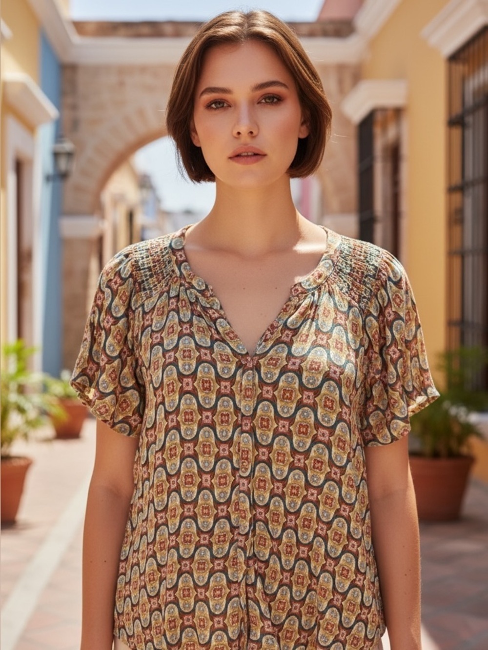 Rose + Olive Women's Flutter Sleeve Retro Print Boho Geometric Pattern Orange 2x
